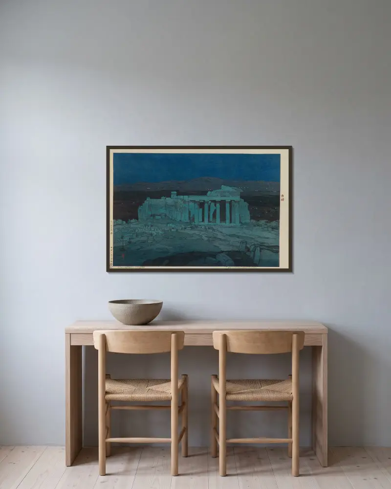 Atens antika ruiner (Akropolis – natt), 1925 – nr 1 av Yoshida Hiroshi inramad på en vägg