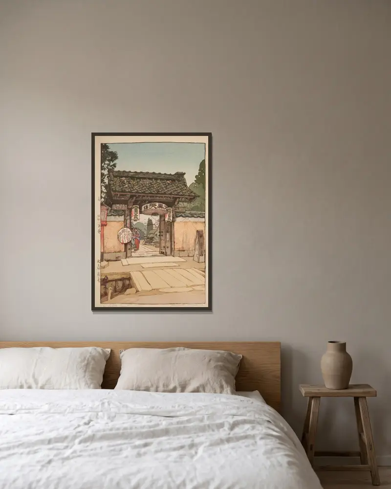 Bunnosuke chaya (Bunnosuke teahouse) av Yoshida Hiroshi inramad på en vägg