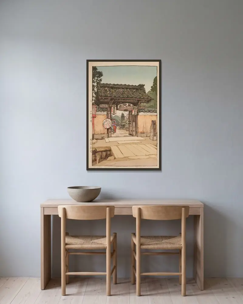Bunnosuke chaya (Bunnosuke teahouse) av Yoshida Hiroshi inramad på en vägg