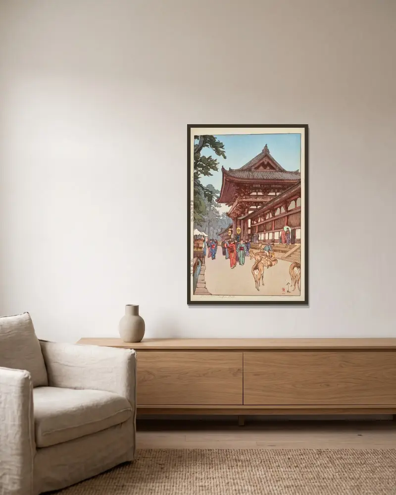 Daibutsu sanmon av Yoshida Hiroshi inramad på en vägg