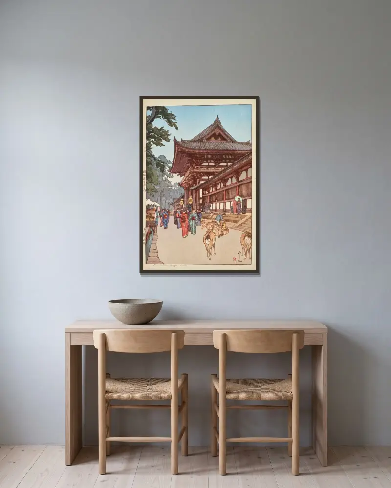 Daibutsu sanmon av Yoshida Hiroshi inramad på en vägg