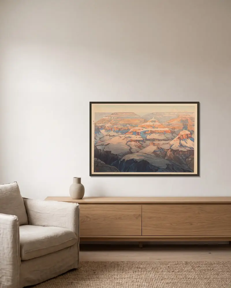 Grand Canyon (Gurando Kyanion) av Yoshida Hiroshi inramad på en vägg