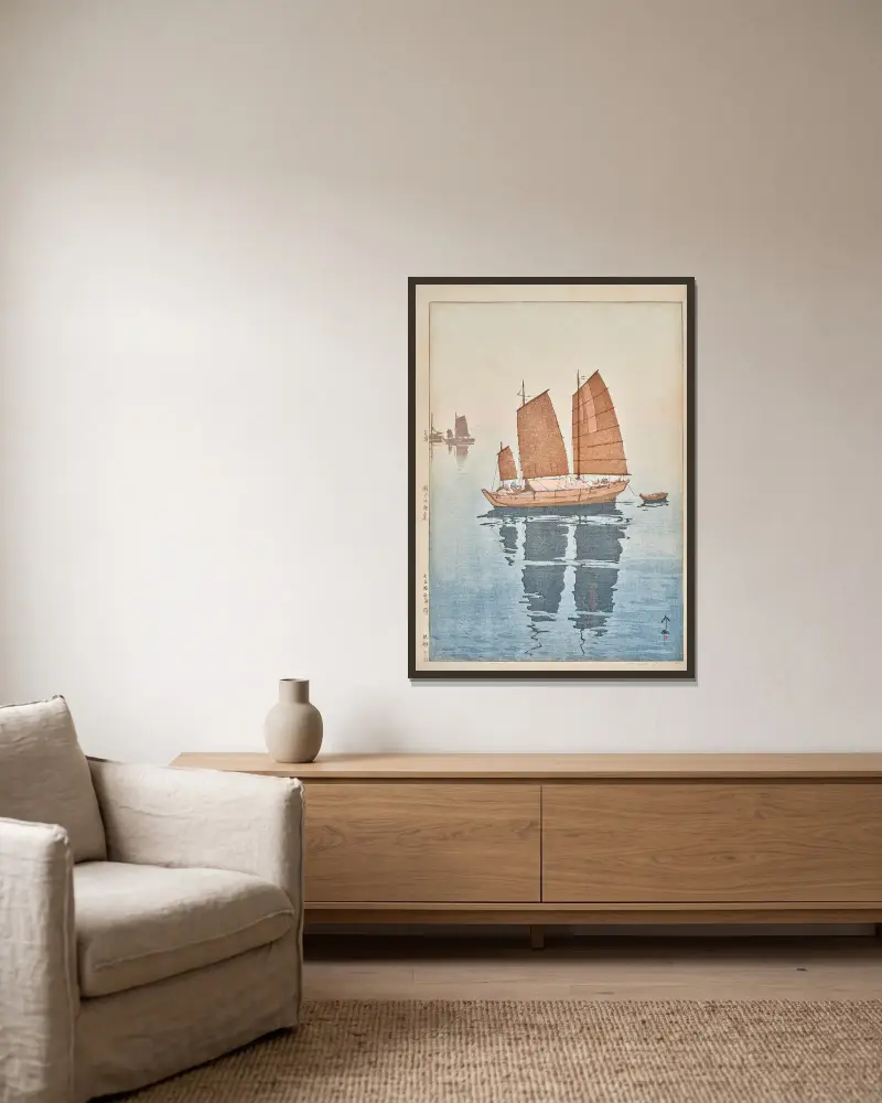 Hansen gozen (Sailing boats, forenoon) av Yoshida Hiroshi inramad på en vägg