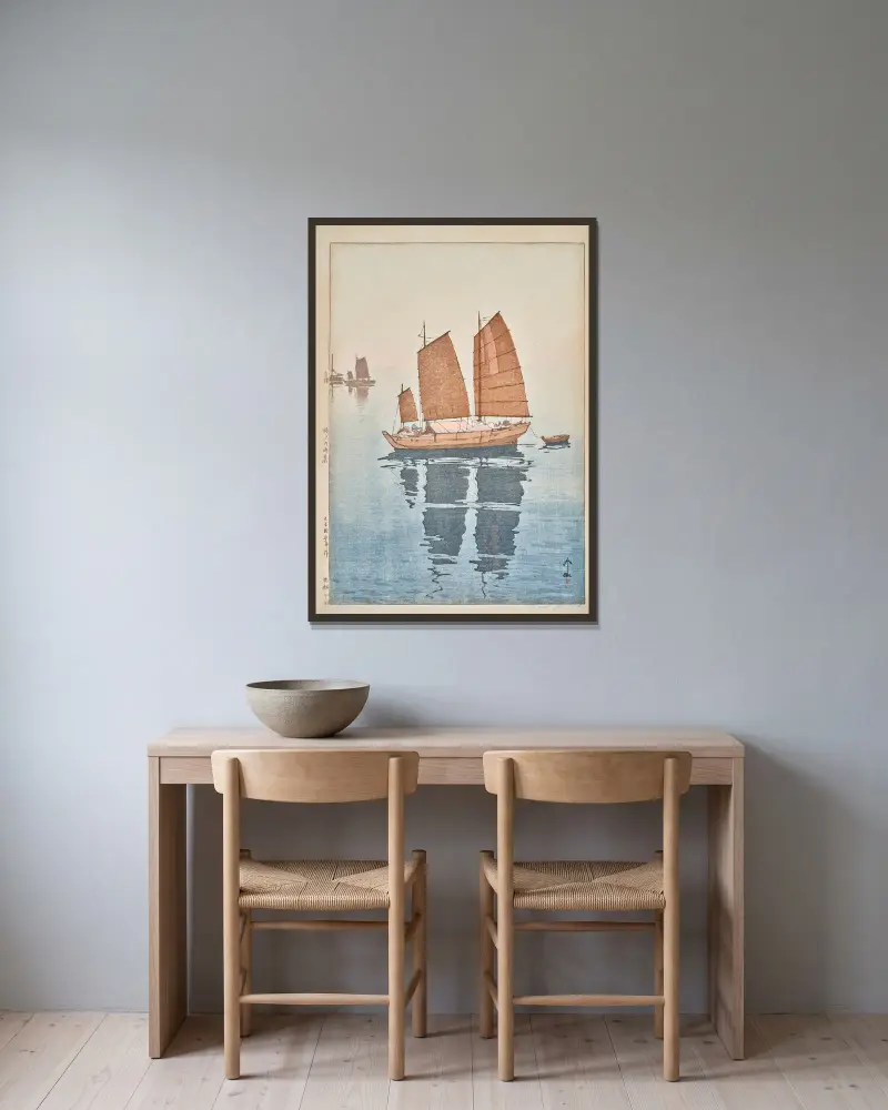Hansen gozen (Sailing boats, forenoon) av Yoshida Hiroshi inramad på en vägg