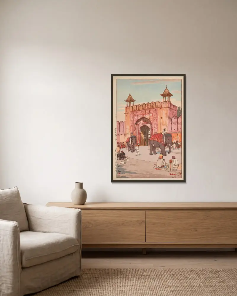 Jaipuuru no Ajumeru mon (Ajmer gate, Jaipur), 1931 – nr 2 av Yoshida Hiroshi inramad på en vägg