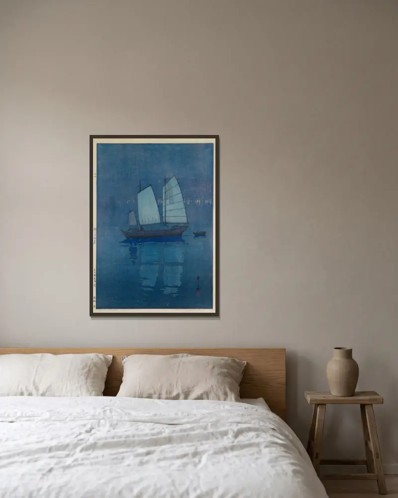 Segelboote – Nacht, aus der Serie 'The Seto Inland Sea' von Yoshida Hiroshi gerahmt an einer Wand
