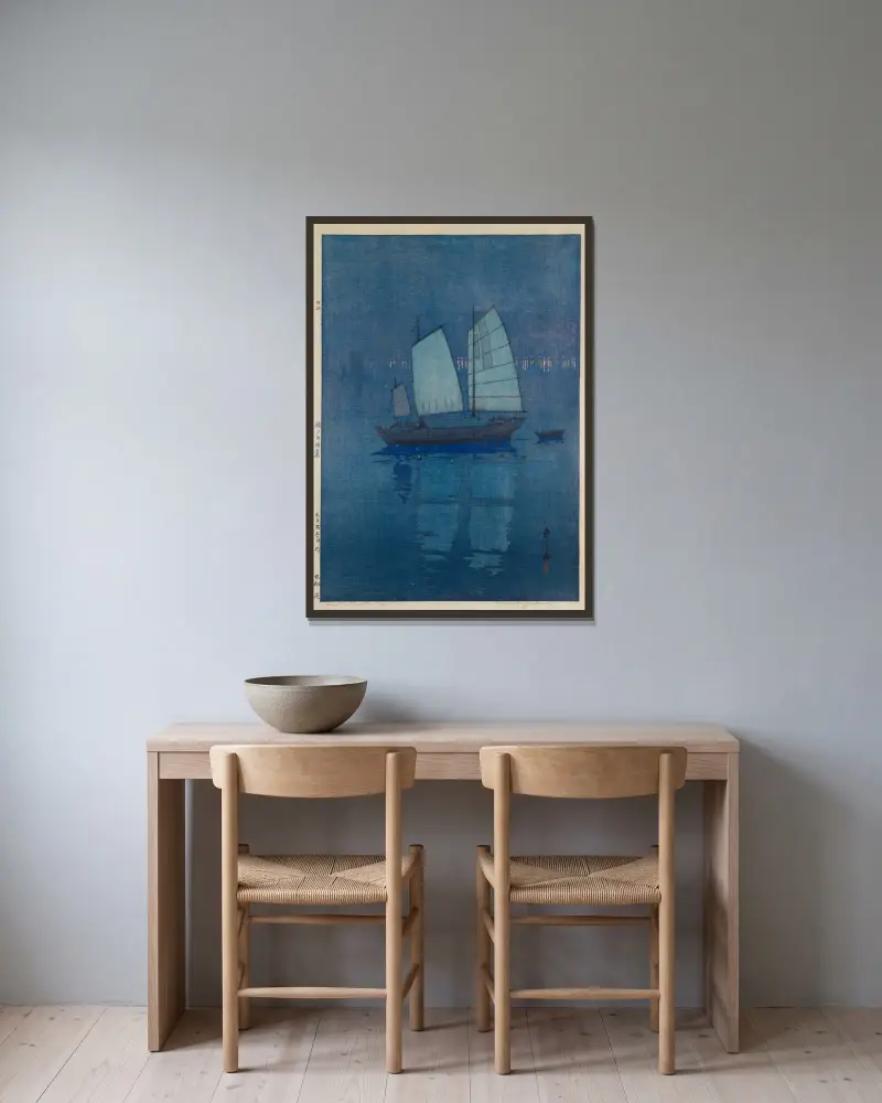 Segelboote – Nacht, aus der Serie 'The Seto Inland Sea' von Yoshida Hiroshi gerahmt an einer Wand