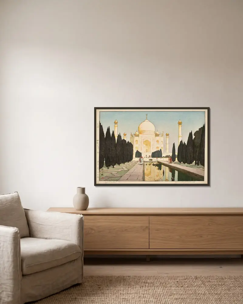 Taj Mahal, nr 1 av Yoshida Hiroshi inramad på en vägg
