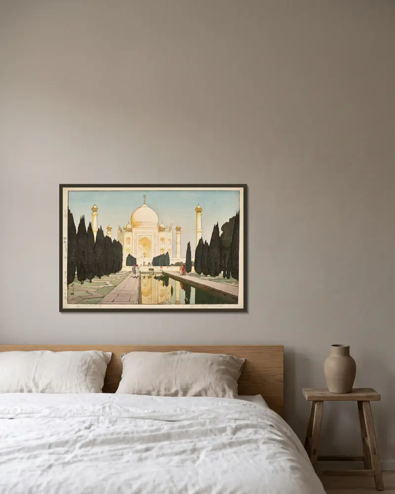 Taj Mahal, nr 1 av Yoshida Hiroshi inramad på en vägg