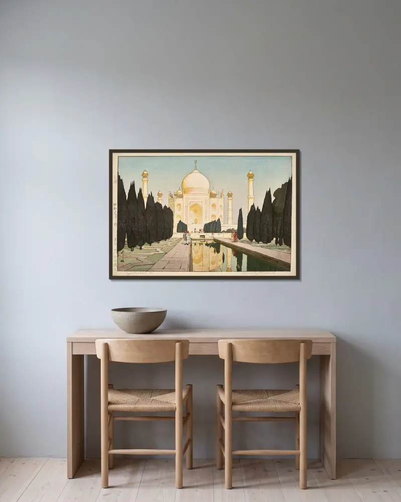 Taj Mahal, nr 1 av Yoshida Hiroshi inramad på en vägg