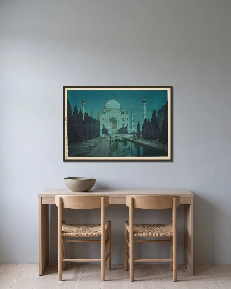 Taj Mahal, natt, nr 2 av Yoshida Hiroshi inramad på en vägg