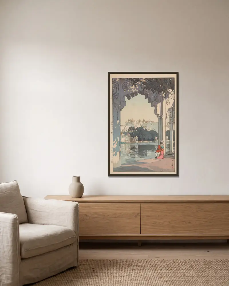 Udaipur Castle av Yoshida Hiroshi inramad på en vägg