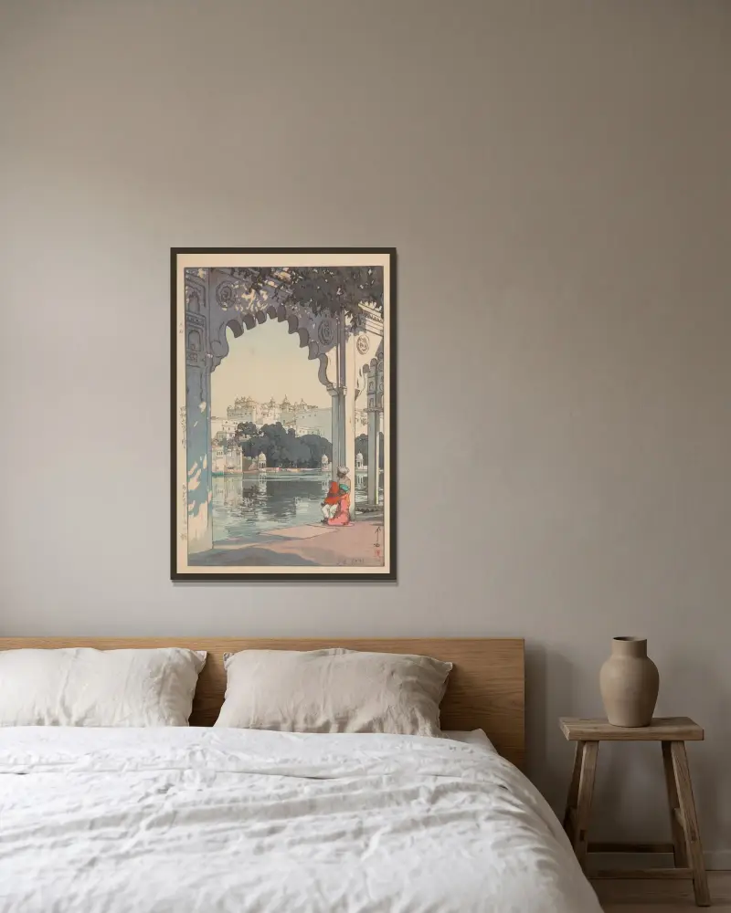 Udaipur Castle av Yoshida Hiroshi inramad på en vägg