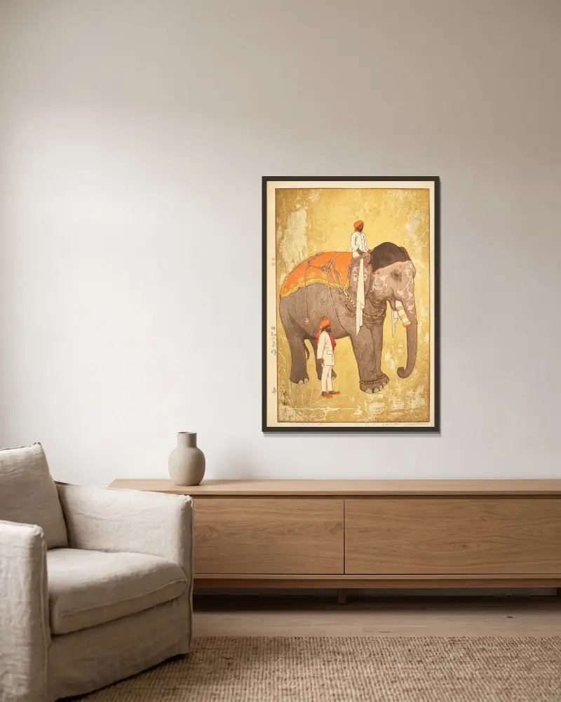 Zo (Elephant) av Yoshida Hiroshi inramad på en vägg