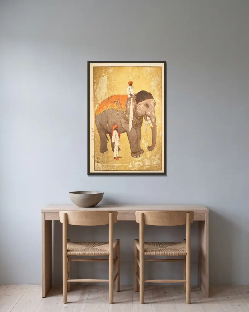 Zo (Elephant) av Yoshida Hiroshi inramad på en vägg