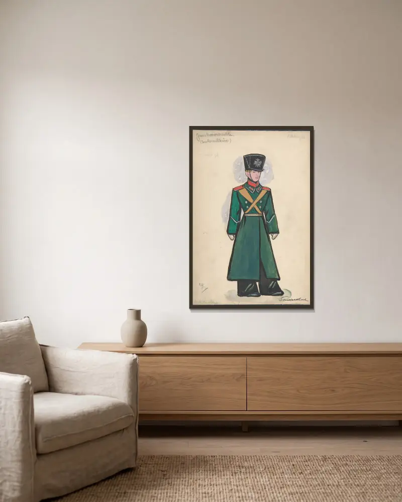 Ung adelsman. Kostymdesign för Stravinskijs balett Petrouchka, Metropolitan Opera av Sergey Yurievich Sudeikin inramad på en vägg