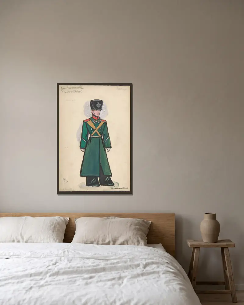 Ung adelsman. Kostymdesign för Stravinskijs balett Petrouchka, Metropolitan Opera av Sergey Yurievich Sudeikin inramad på en vägg