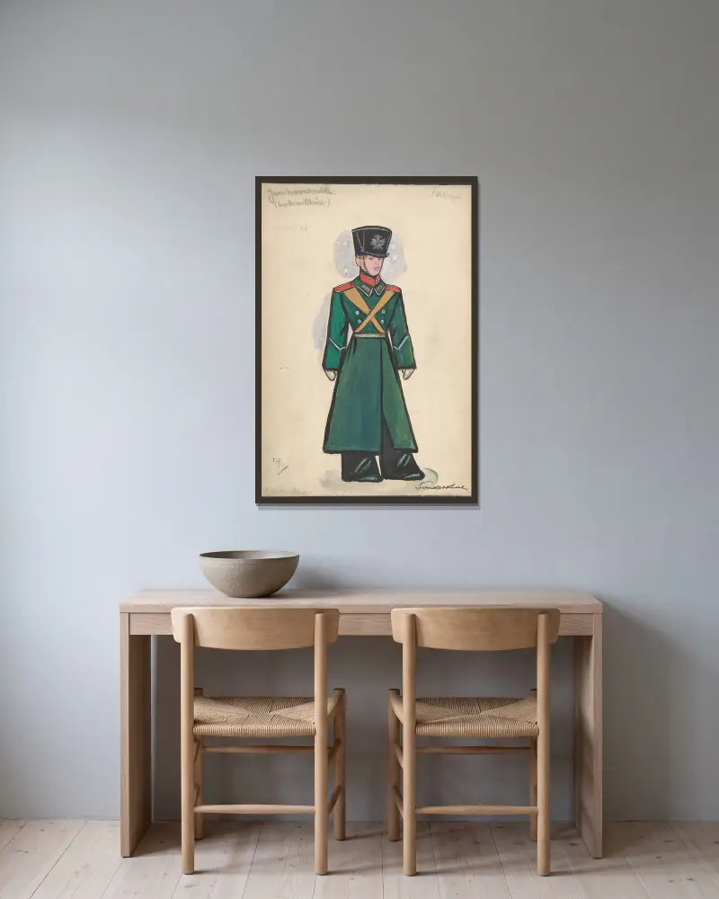 Ung adelsman. Kostymdesign för Stravinskijs balett Petrouchka, Metropolitan Opera av Sergey Yurievich Sudeikin inramad på en vägg