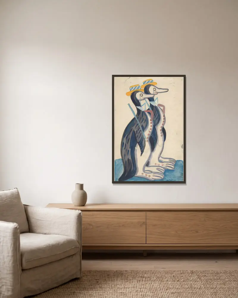 Zwei Pinguine von Sergey Yurievich Sudeikin gerahmt an einer Wand