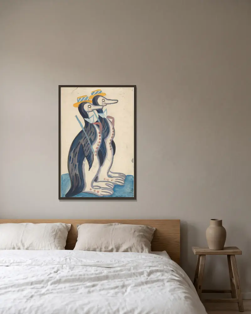 Zwei Pinguine von Sergey Yurievich Sudeikin gerahmt an einer Wand