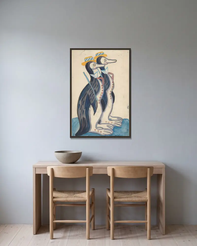 Zwei Pinguine von Sergey Yurievich Sudeikin gerahmt an einer Wand