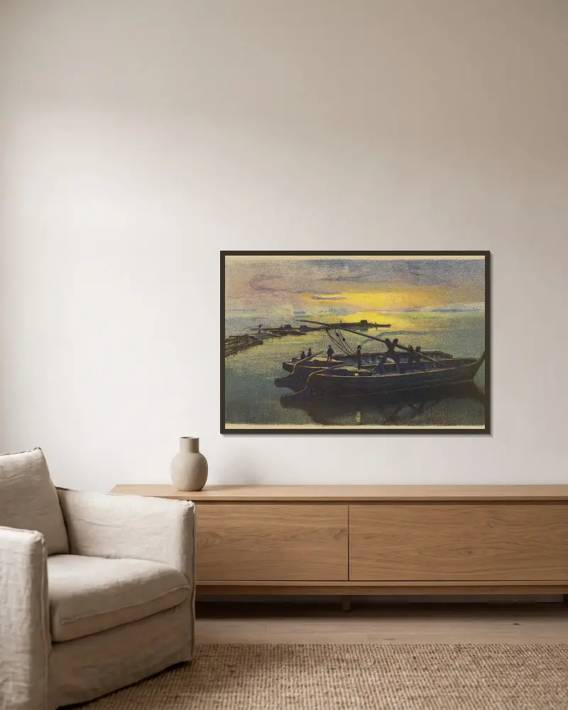 Lastkähne auf der Weichsel von Zofia Stankiewicz gerahmt an einer Wand