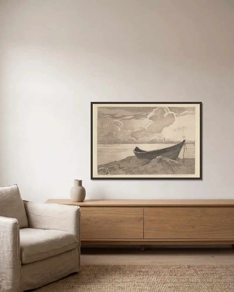 Einsames Boot (Jastarnia) von Zofia Stankiewicz gerahmt an einer Wand