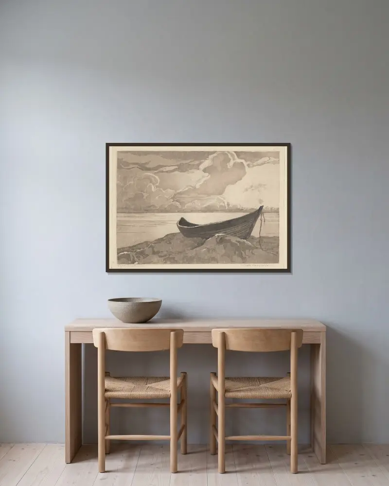 Einsames Boot (Jastarnia) von Zofia Stankiewicz gerahmt an einer Wand
