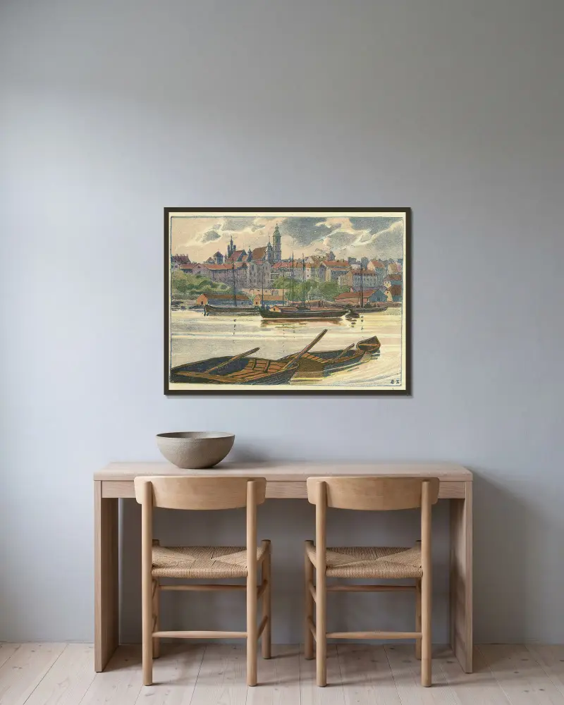 Panorama över gamla stan från Praga-distriktets sida av Zofia Stankiewicz inramad på en vägg
