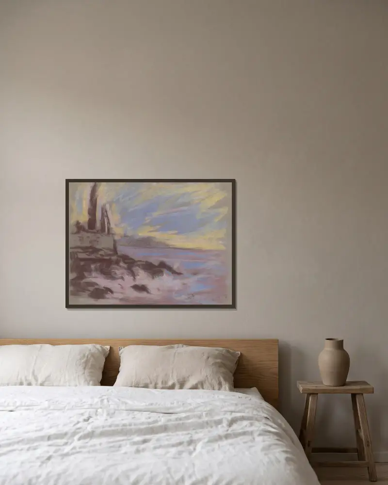 Küstenmotiv mit Zypressen von Zolo Palugyay gerahmt an einer Wand