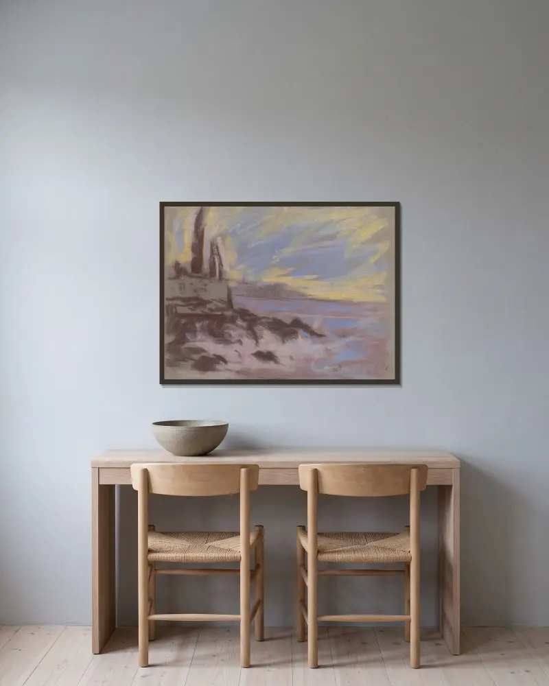Küstenmotiv mit Zypressen von Zolo Palugyay gerahmt an einer Wand