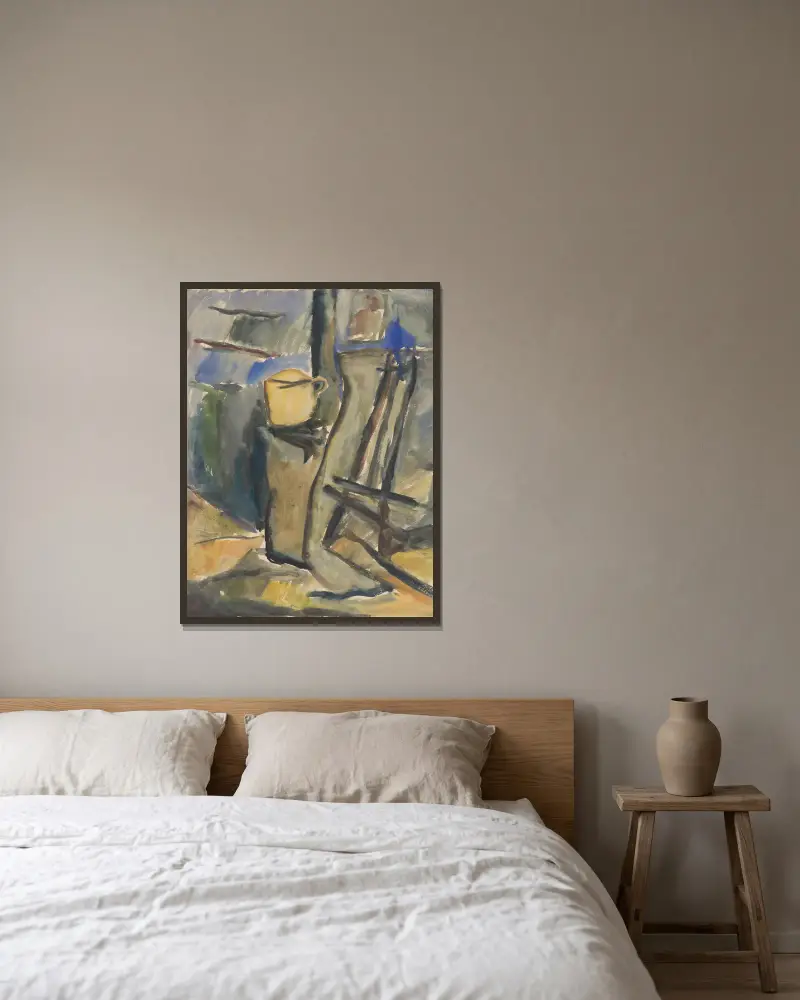 Stilleben med gul skål av Zolo Palugyay inramad på en vägg