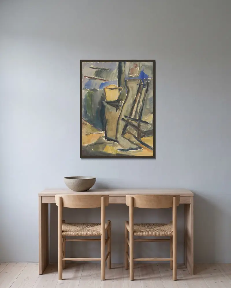 Stilleben med gul skål av Zolo Palugyay inramad på en vägg