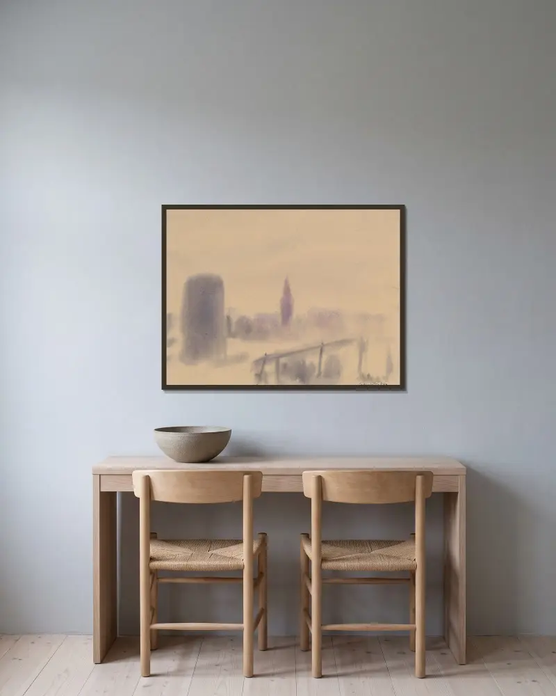 Stad i dimma av Zolo Palugyay inramad på en vägg