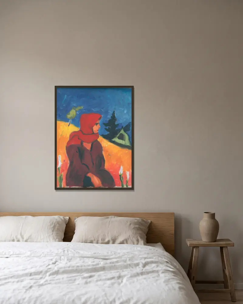 Byflicka i röd sjal av Zolo Palugyay inramad på en vägg
