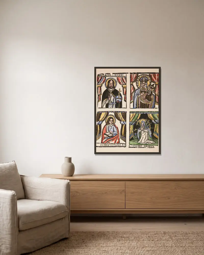 1. Salvator Mundi, 2. Vår Fru av Częstochowa, 3. Johannes Evangelisten, 4. Mater Dolorosa av Zygmunt Łazarski inramad på en vägg