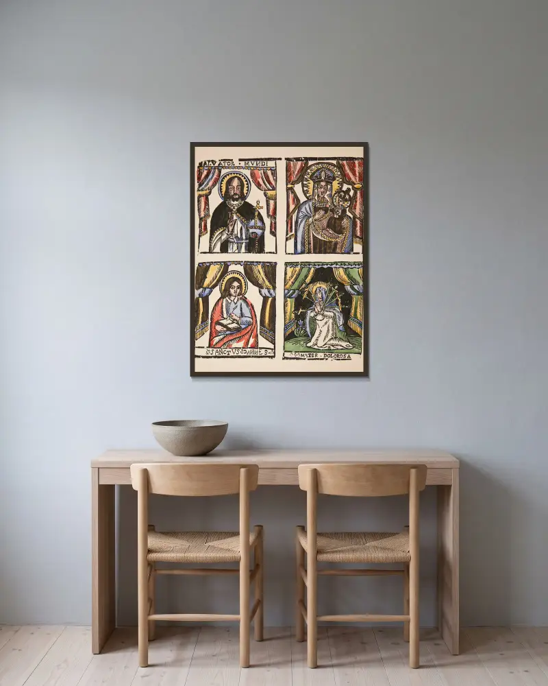 1. Salvator Mundi, 2. Vår Fru av Częstochowa, 3. Johannes Evangelisten, 4. Mater Dolorosa av Zygmunt Łazarski inramad på en vägg