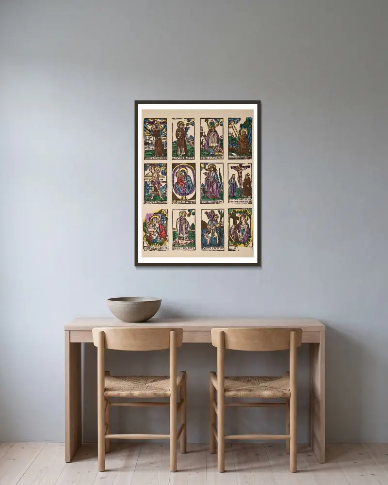 1. Franciskus av Assisis vision, 2. Antonius av Padua, 3. Nikolaus, 4. Franciskus av Assisis stigmatisering, 5. Sebastian… av Zygmunt Łazarski inramad på en vägg