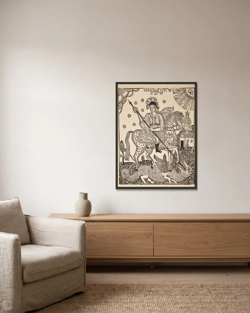 Der heilige Georg tötet den Drachen von Zygmunt Łazarski gerahmt an einer Wand