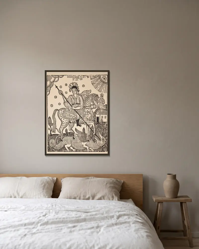 Der heilige Georg tötet den Drachen von Zygmunt Łazarski gerahmt an einer Wand