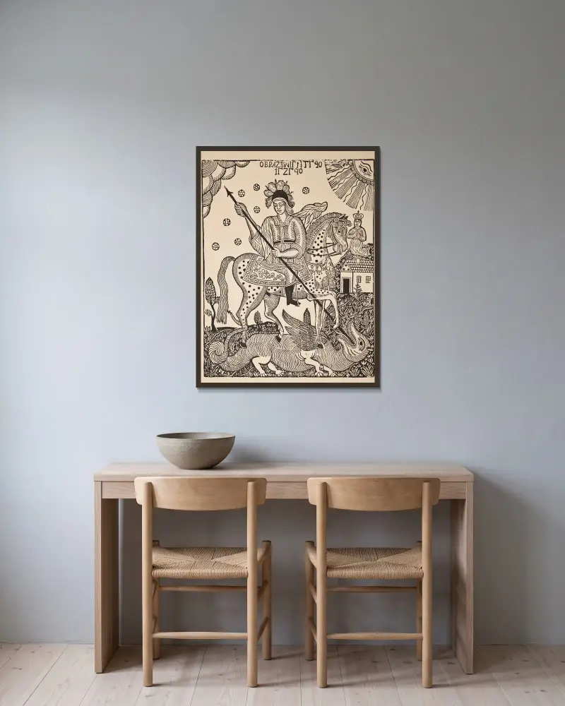 Der heilige Georg tötet den Drachen von Zygmunt Łazarski gerahmt an einer Wand