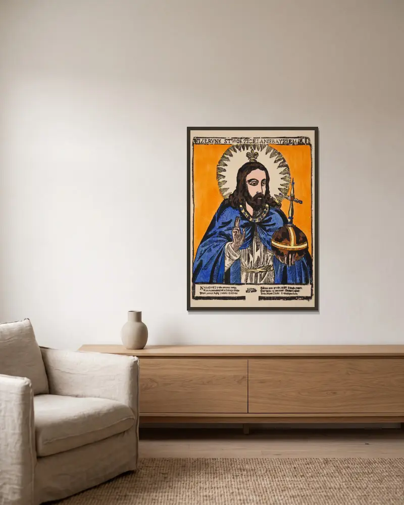 Salvator Mundi von Zygmunt Łazarski gerahmt an einer Wand
