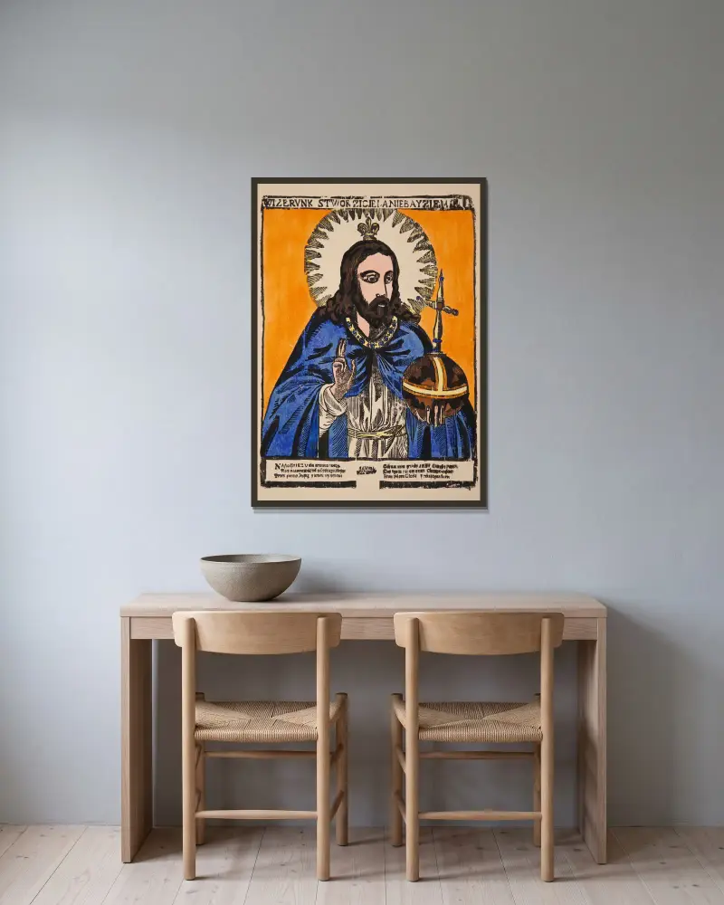 Salvator Mundi von Zygmunt Łazarski gerahmt an einer Wand