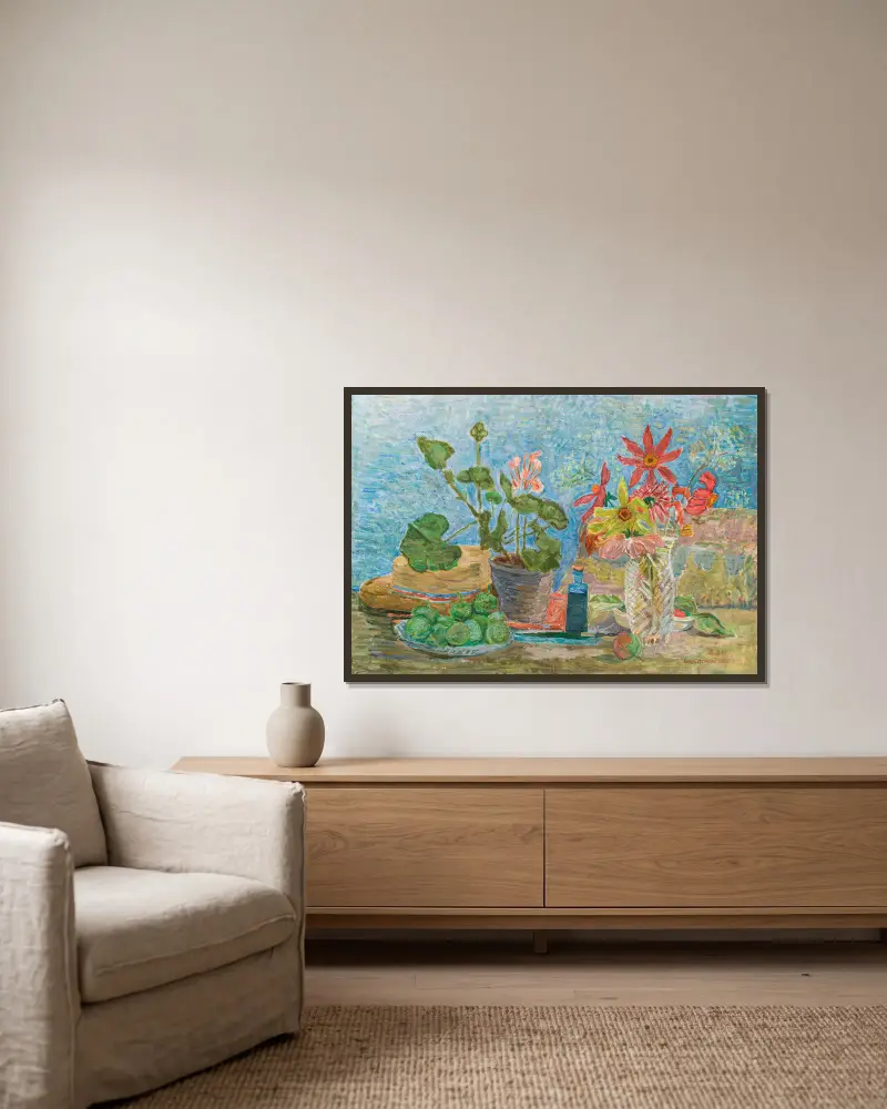 Flowers and fruit av Zygmunt Waliszewski inramad på en vägg