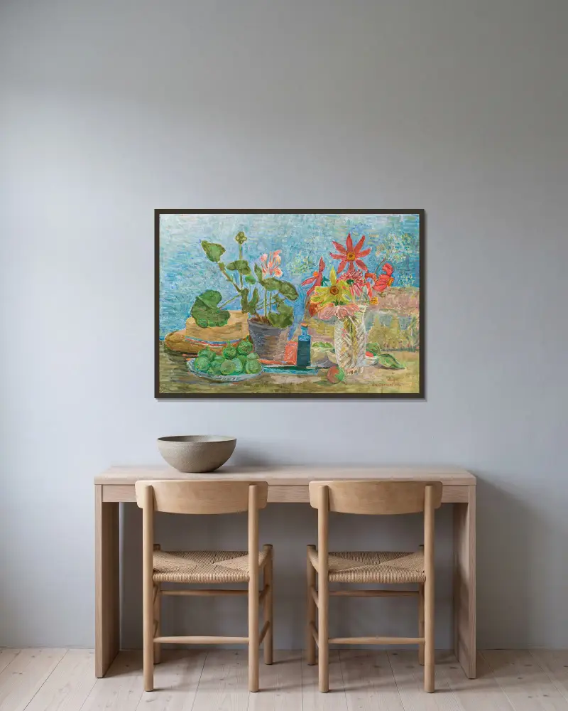 Flowers and fruit av Zygmunt Waliszewski inramad på en vägg