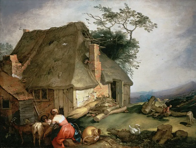 Eine Hütte mit Bauern, die Ziegen melken von Abraham Bloemaert