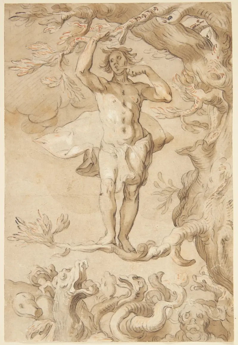Den mänskliga glädjens förgänglighet. En man, jagad av en drake, klamrar sig fast vid en gren medan han slickar honung från sitt finger av Abraham Bloemaert