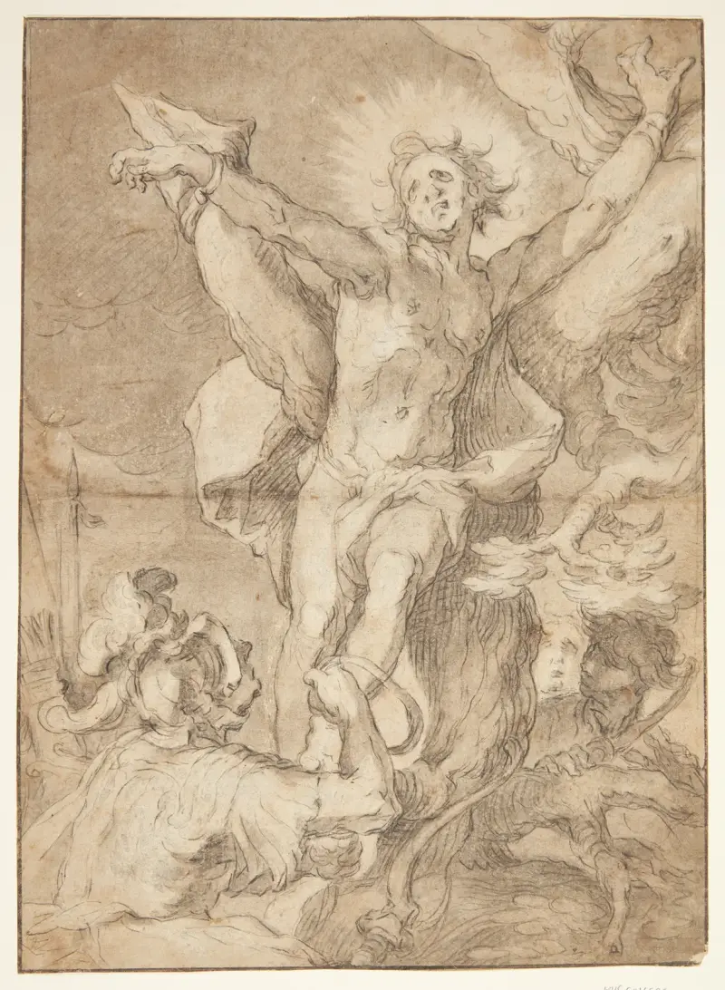 Der heilige Sebastian wird von einem römischen Soldaten an einen Baum gebunden von Abraham Bloemaert