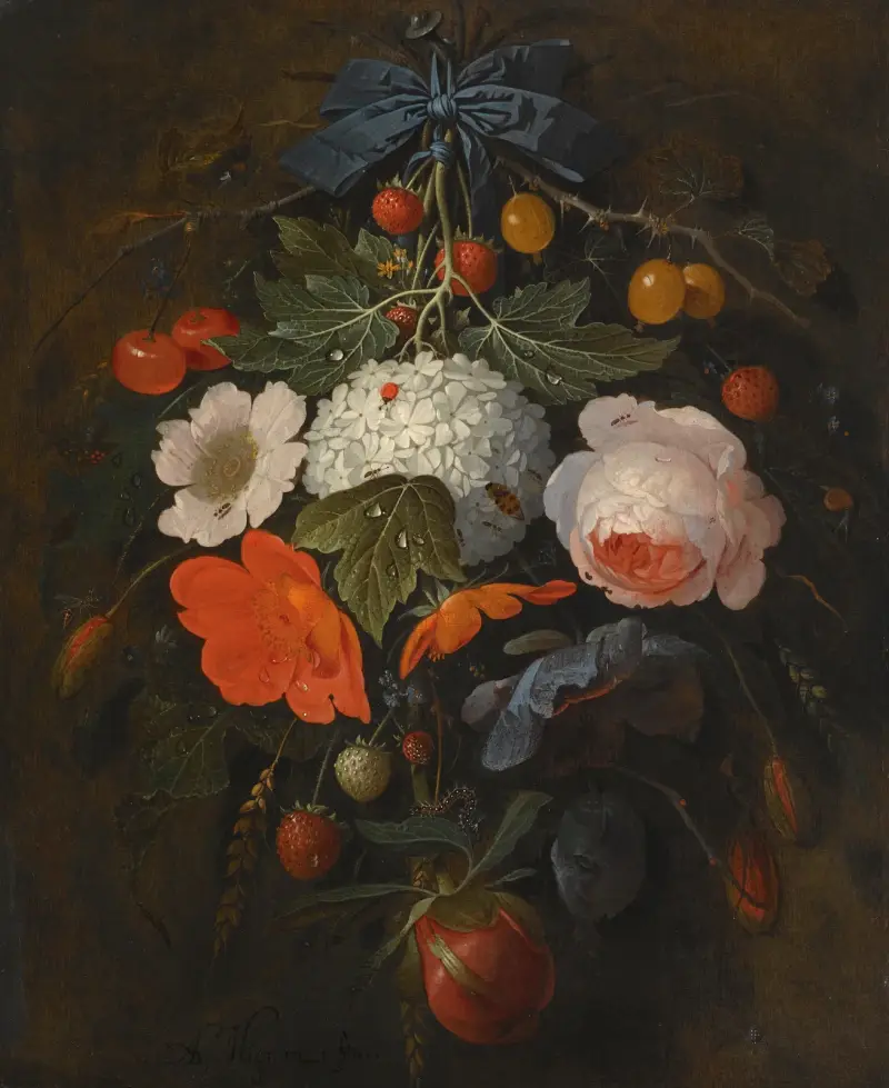 Festong av blommor och frukt med ros, vallmo, snöbollsbuske, krusbär och smultron samt diverse insekter av Abraham Mignon