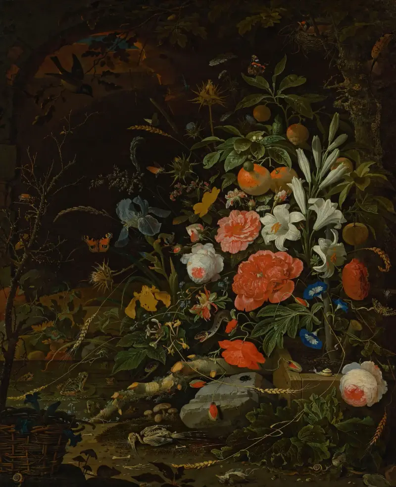 Blumen und kleine Lebewesen – Vanitas von Abraham Mignon